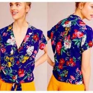 Anthropologie Maeve Bateau Buttondown Tie Front Shirt in Blue - Size 4